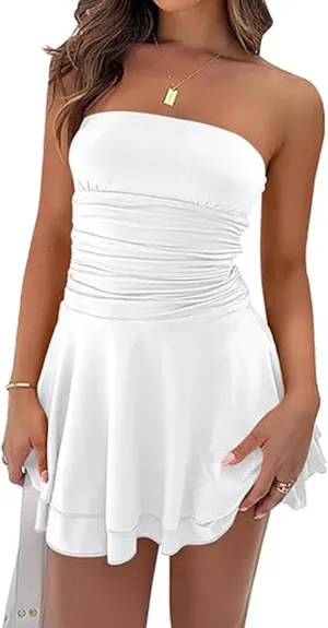 acelyn Women Sexy Tube Top Mini Dress Strapless Waist Ruffle Layer Short Dress 2025 Summer Ruched Y2K Outfits