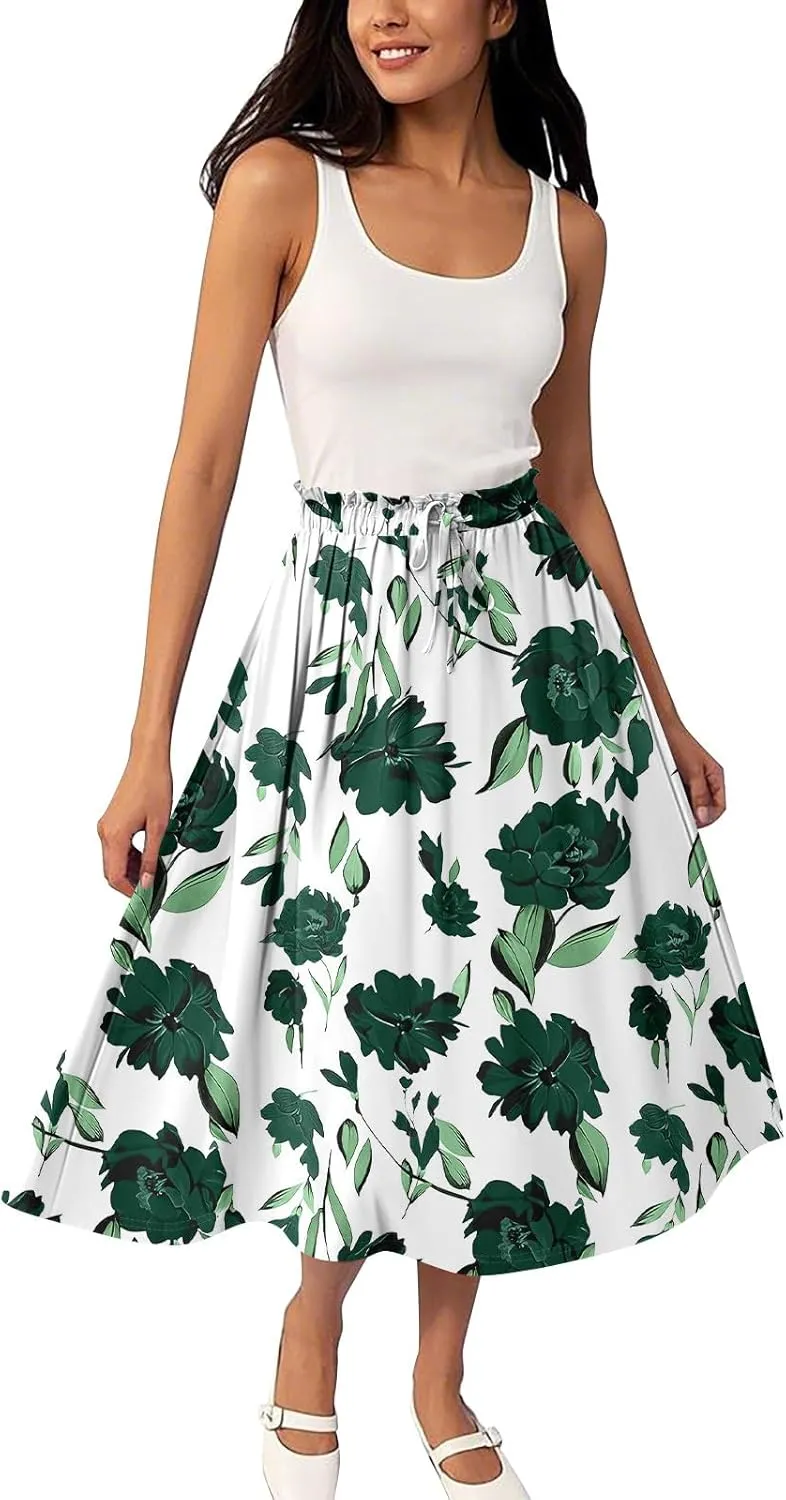 ADHOWBEW Maxi Skirts for Women Cute Casual Flowy Trendy Midi Length Ruffle High Waisted A Line Plus Size Beach Spring Skirts