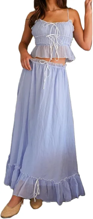 Adoeren Women Y2k Maxi Skirt Sets Ruffle Cami Crop Top Tiered Pleated Long Skirt 2 Piece Outfits Summer Casual Beachwear