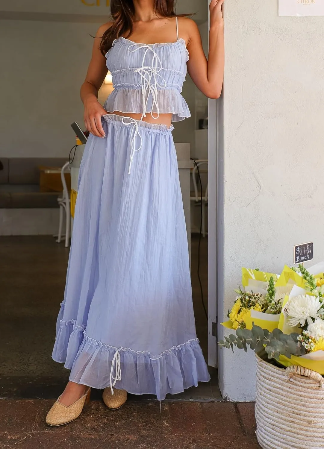 Adoeren Women Y2k Maxi Skirt Sets Ruffle Cami Crop Top Tiered Pleated Long Skirt 2 Piece Outfits Summer Casual Beachwear