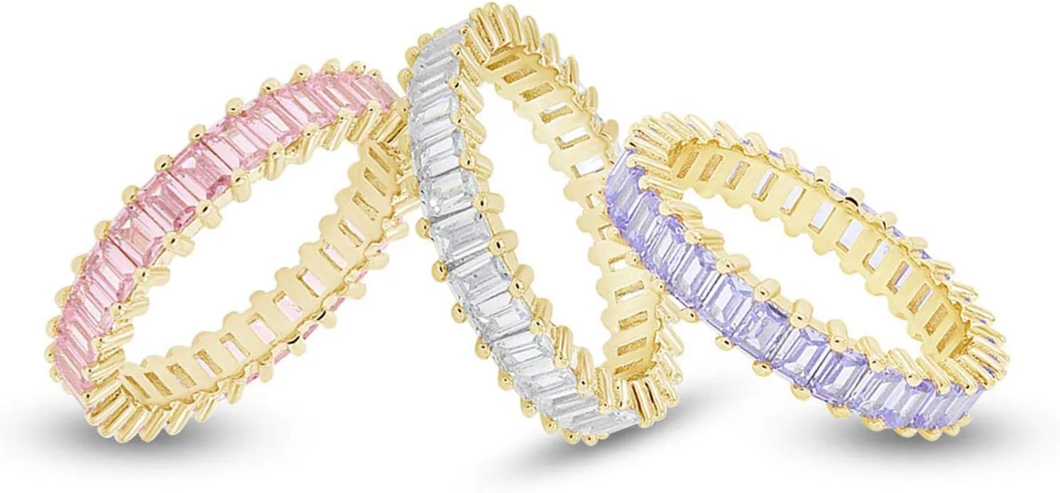 AFFY Set of 3 Pastel Rainbow Baguette Band Ring Anniversary Eternity Band Cubic Zirconia Crystal Wedding Cocktail Fashion Luxury Jewelry for Women