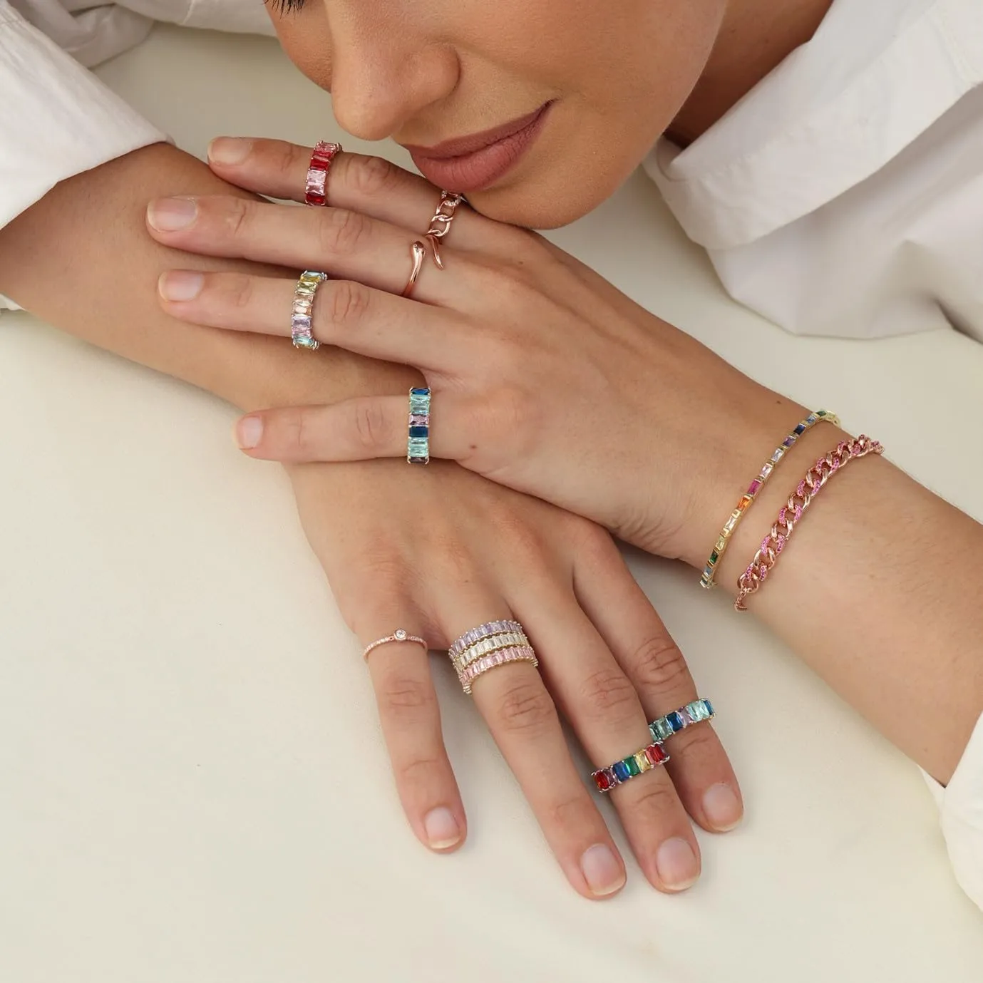 AFFY Set of 3 Pastel Rainbow Baguette Band Ring Anniversary Eternity Band Cubic Zirconia Crystal Wedding Cocktail Fashion Luxury Jewelry for Women