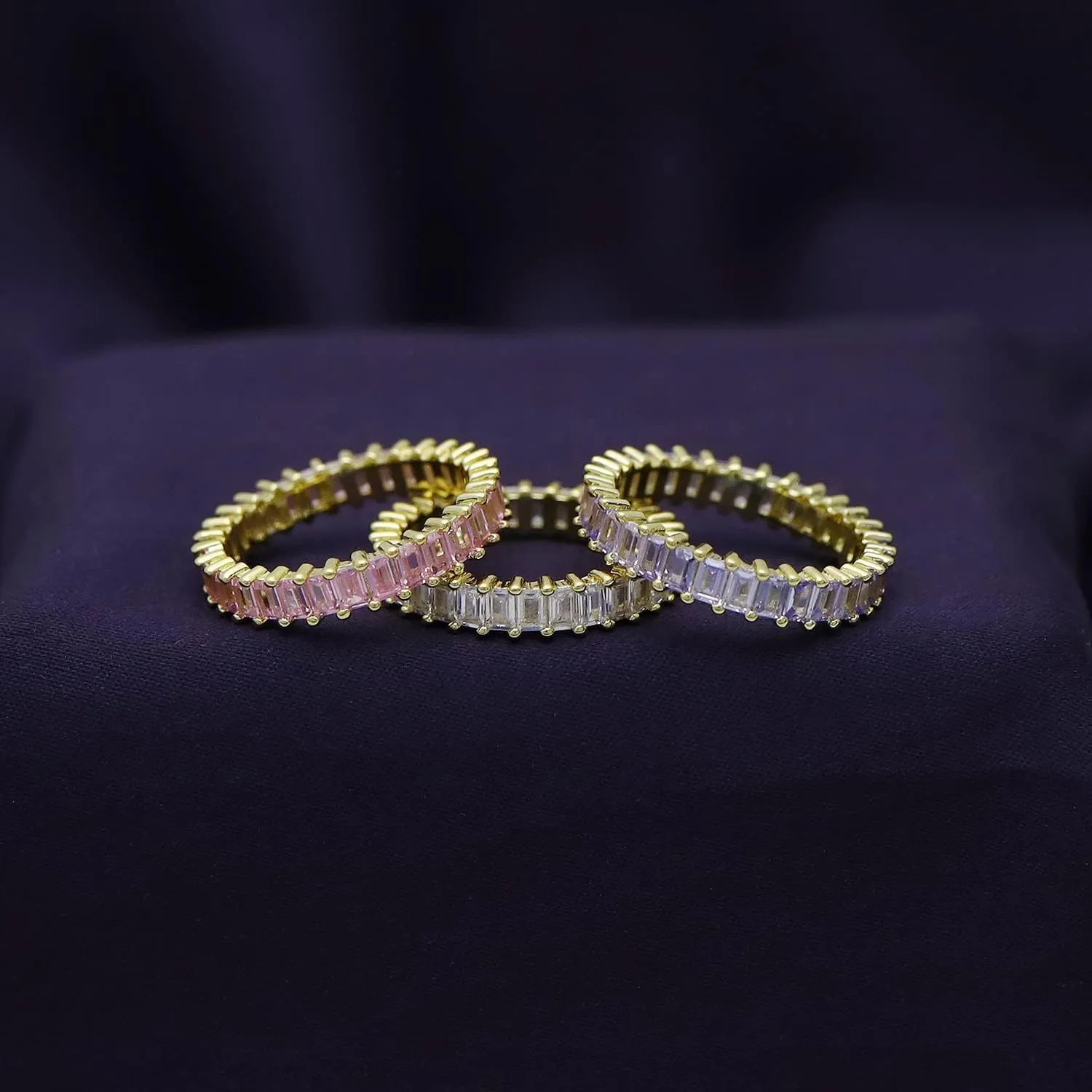 AFFY Set of 3 Pastel Rainbow Baguette Band Ring Anniversary Eternity Band Cubic Zirconia Crystal Wedding Cocktail Fashion Luxury Jewelry for Women