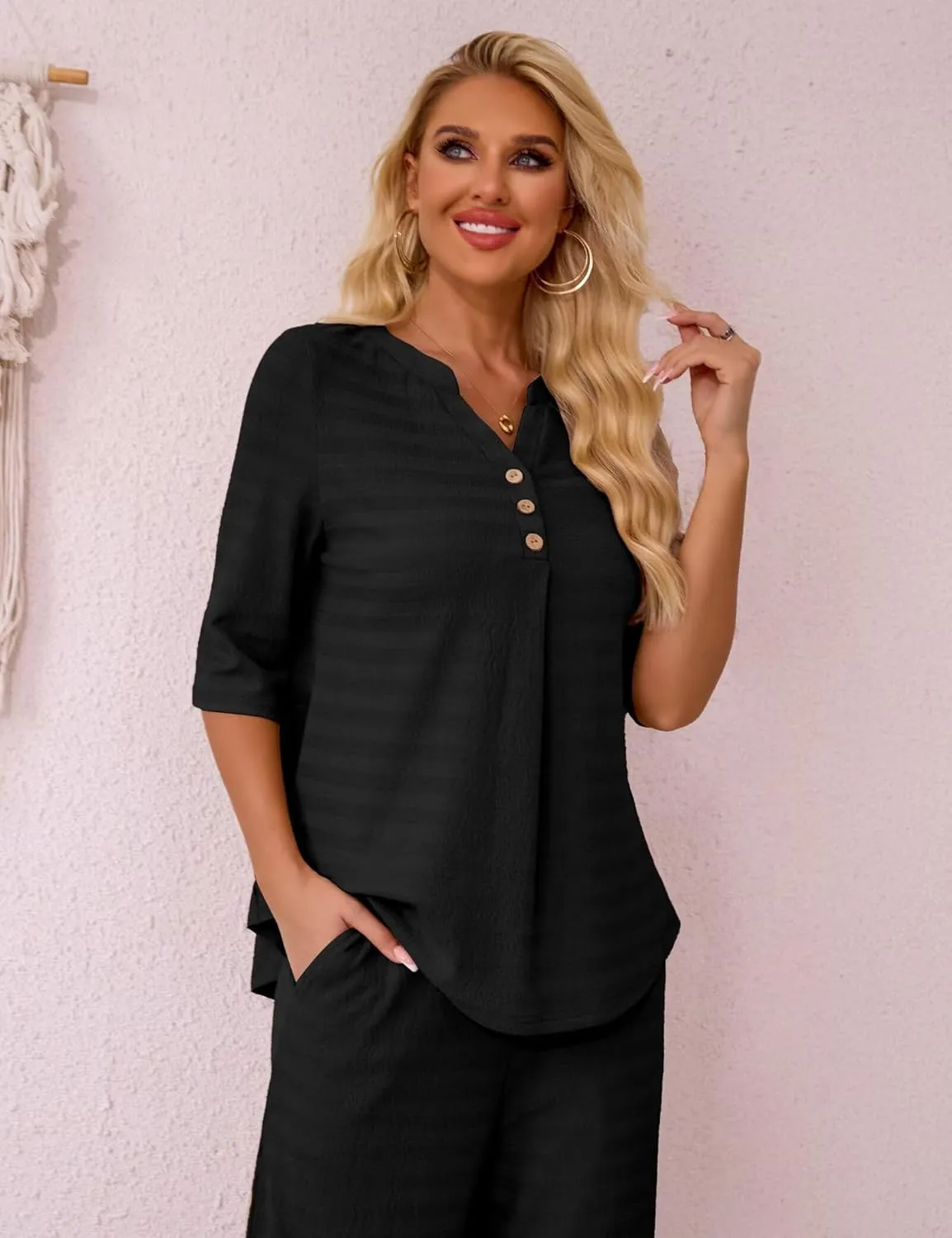 Ahlaray Women 2 Piece Outfits 3/4 Sleeve Lounge Set Casual V Neck Pullover Tops Wide Leg pants Loungewear, M-3XL