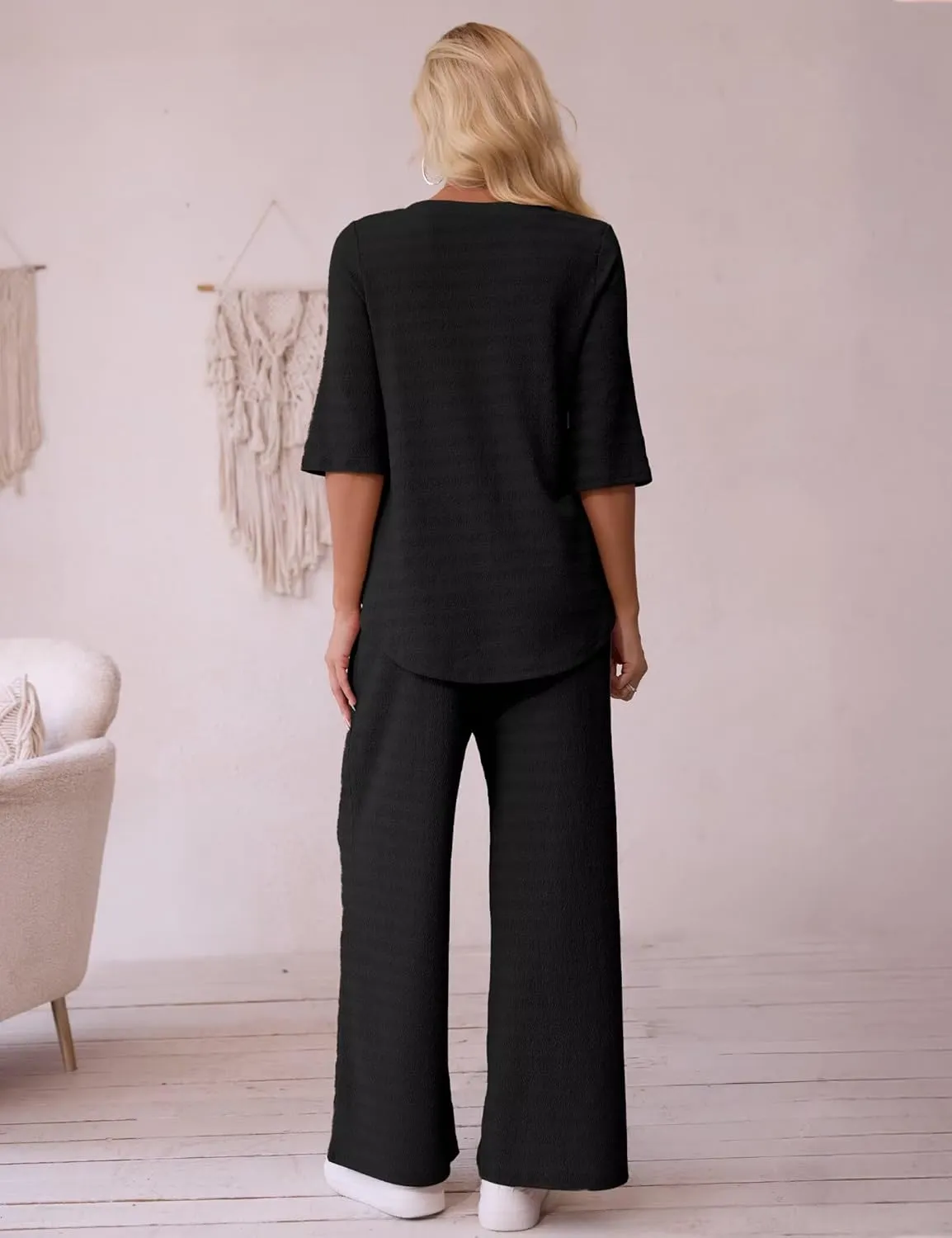 Ahlaray Women 2 Piece Outfits 3/4 Sleeve Lounge Set Casual V Neck Pullover Tops Wide Leg pants Loungewear, M-3XL