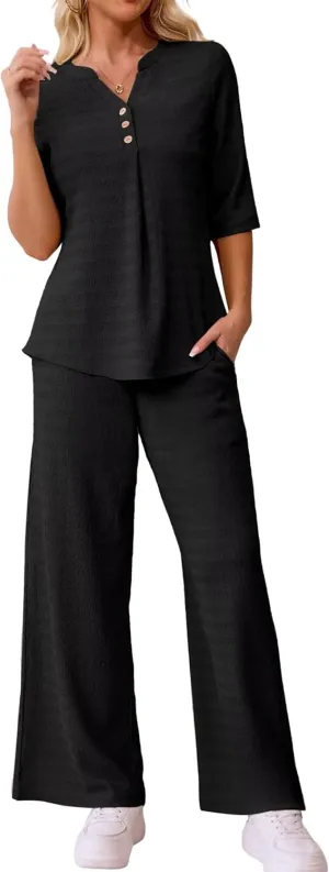 Ahlaray Women 2 Piece Outfits 3/4 Sleeve Lounge Set Casual V Neck Pullover Tops Wide Leg pants Loungewear, M-3XL