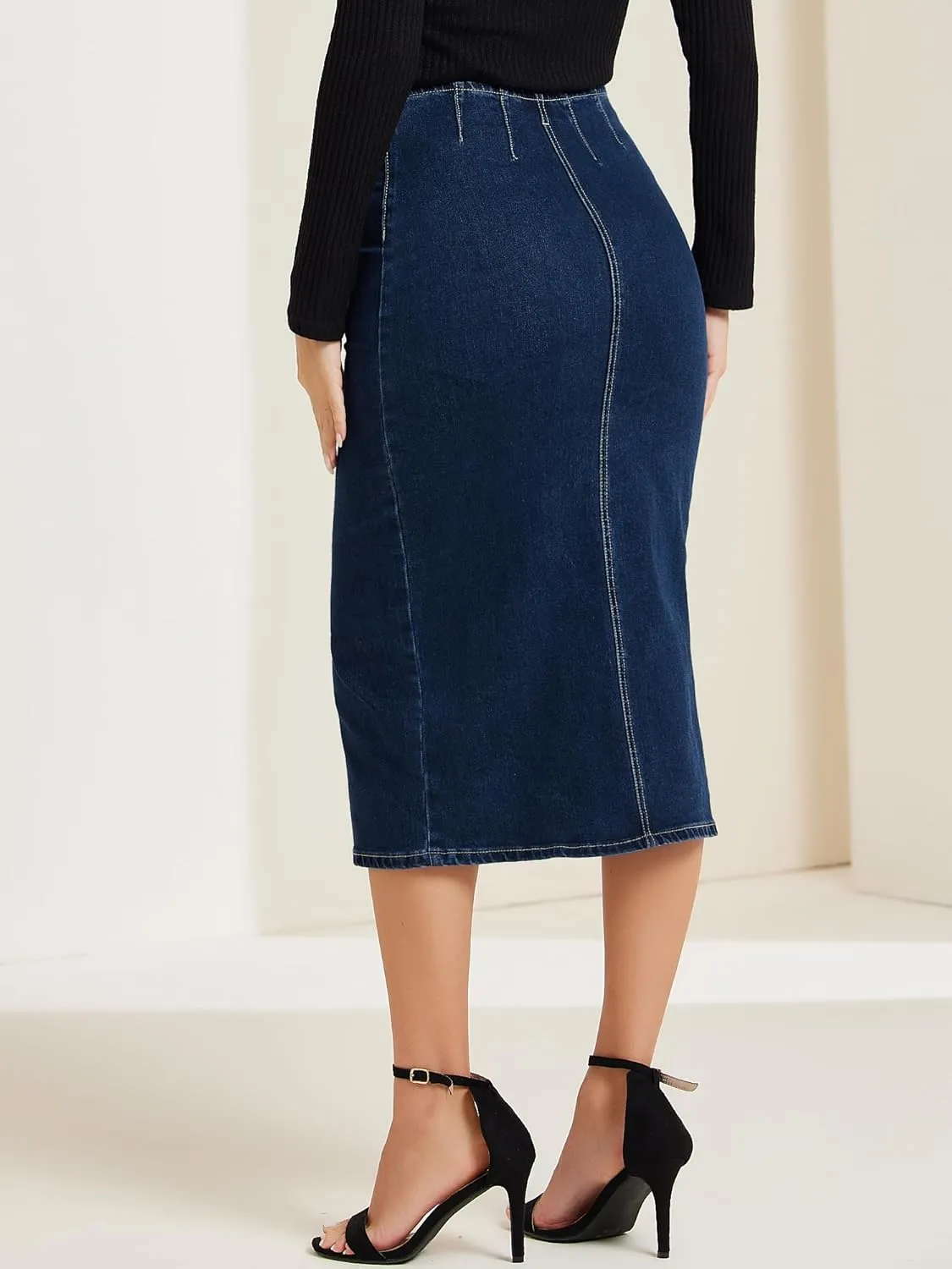 Allegra K Casual Denim Skirt for Women's Front Slit Zipper High Waist Bodycon Midi Jean Skirt