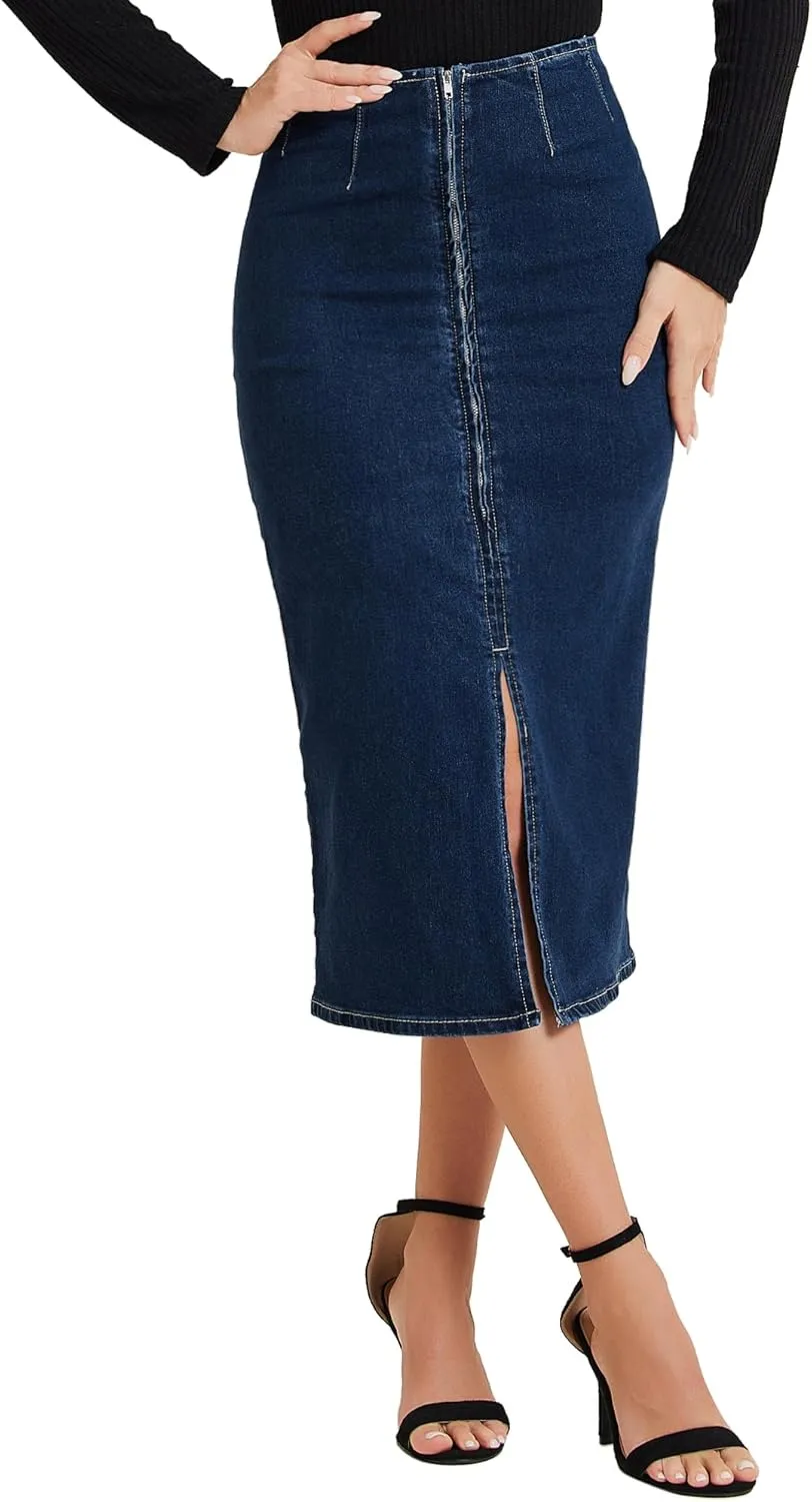 Allegra K Casual Denim Skirt for Women's Front Slit Zipper High Waist Bodycon Midi Jean Skirt