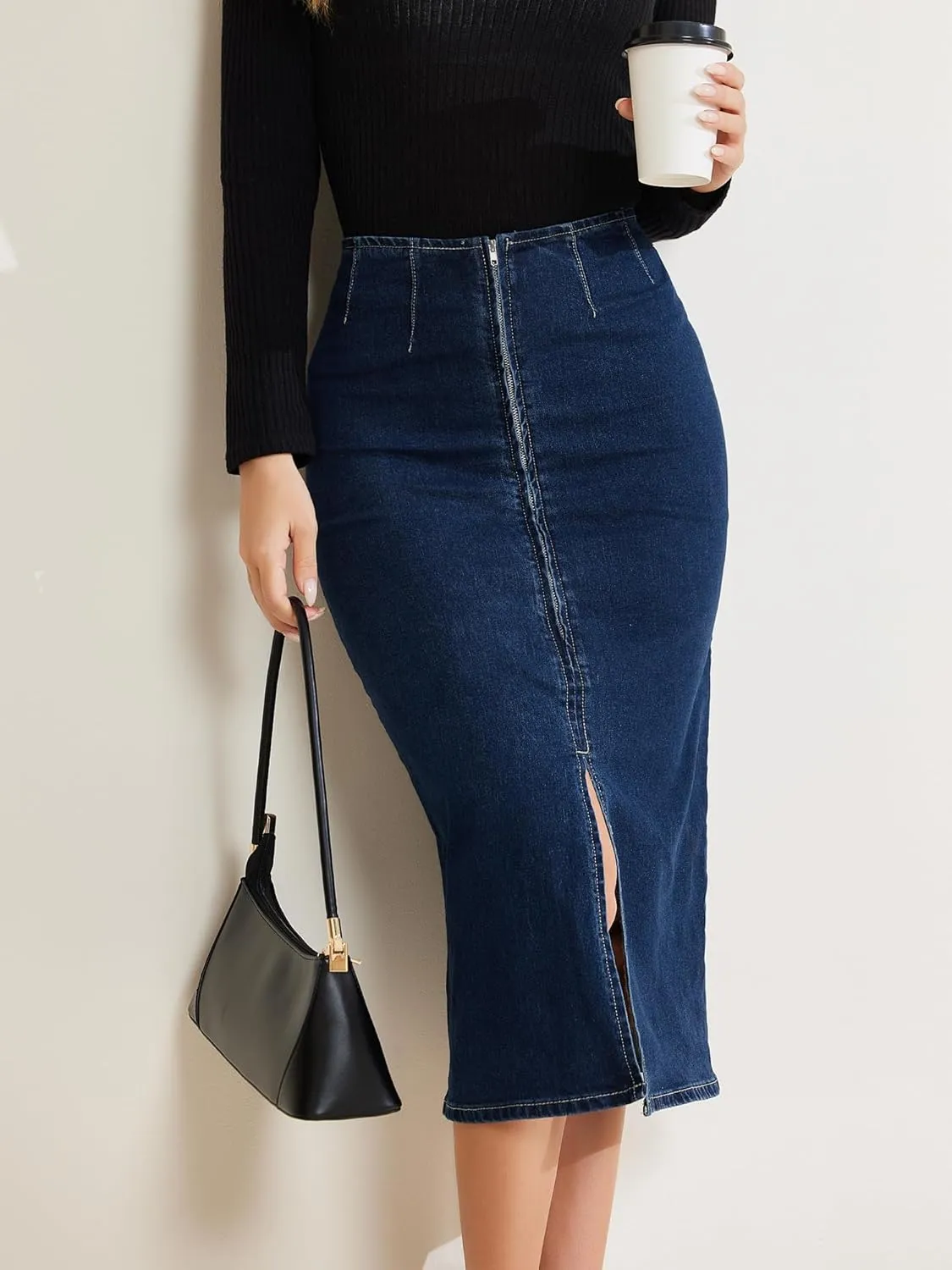 Allegra K Casual Denim Skirt for Women's Front Slit Zipper High Waist Bodycon Midi Jean Skirt