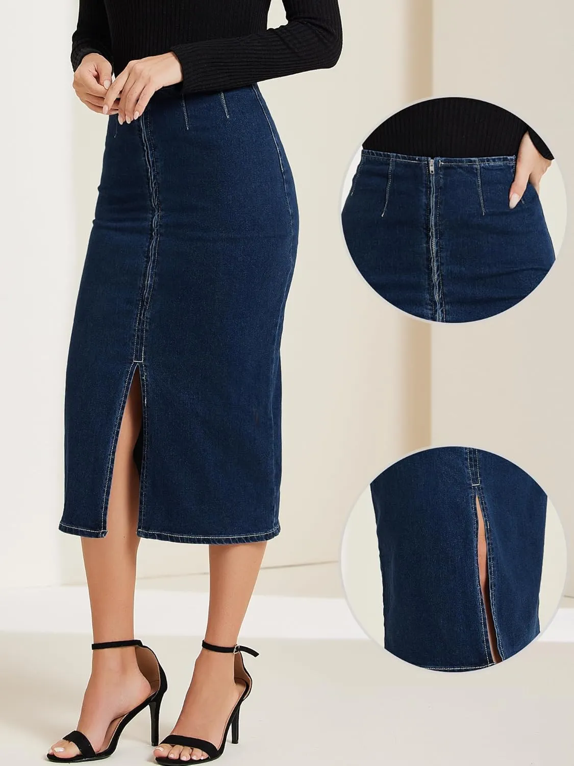 Allegra K Casual Denim Skirt for Women's Front Slit Zipper High Waist Bodycon Midi Jean Skirt