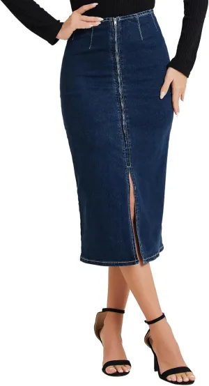 Allegra K Casual Denim Skirt for Women's Front Slit Zipper High Waist Bodycon Midi Jean Skirt