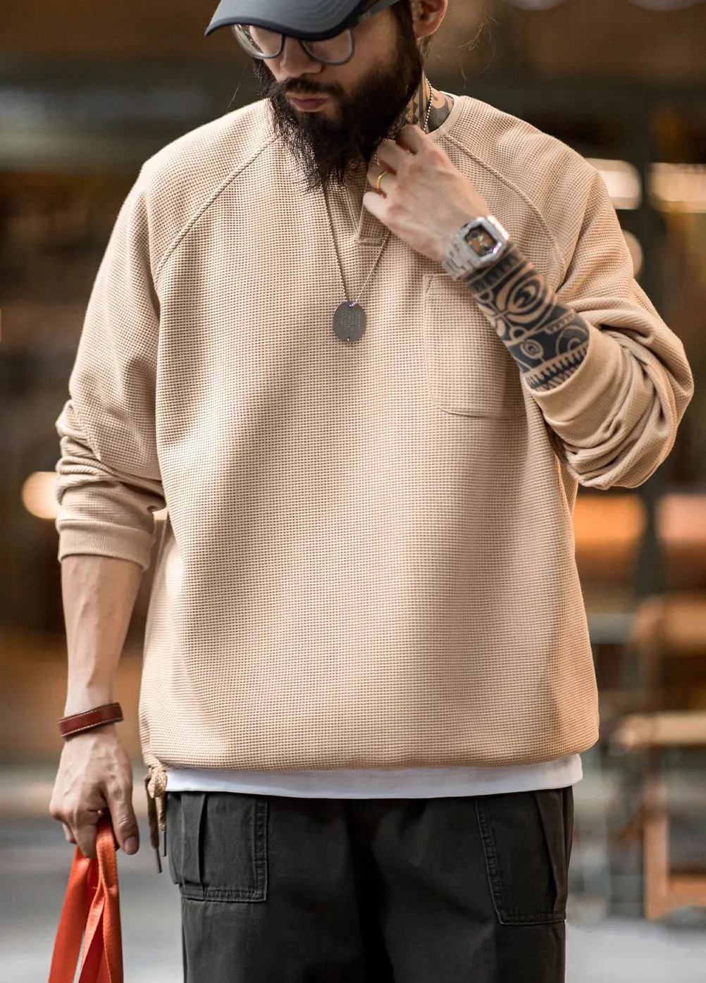 American Retro Waffle Knitted Henry Loose Raglan Half-Open Men's Sweater