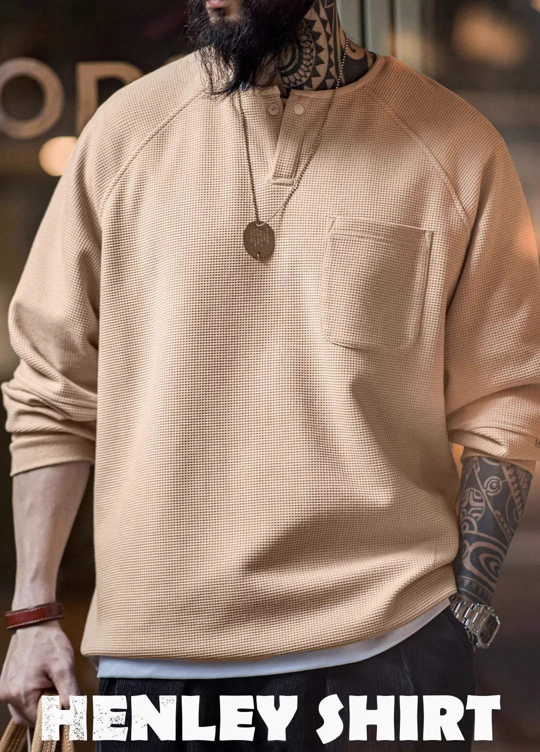 American Retro Waffle Knitted Henry Loose Raglan Half-Open Men's Sweater