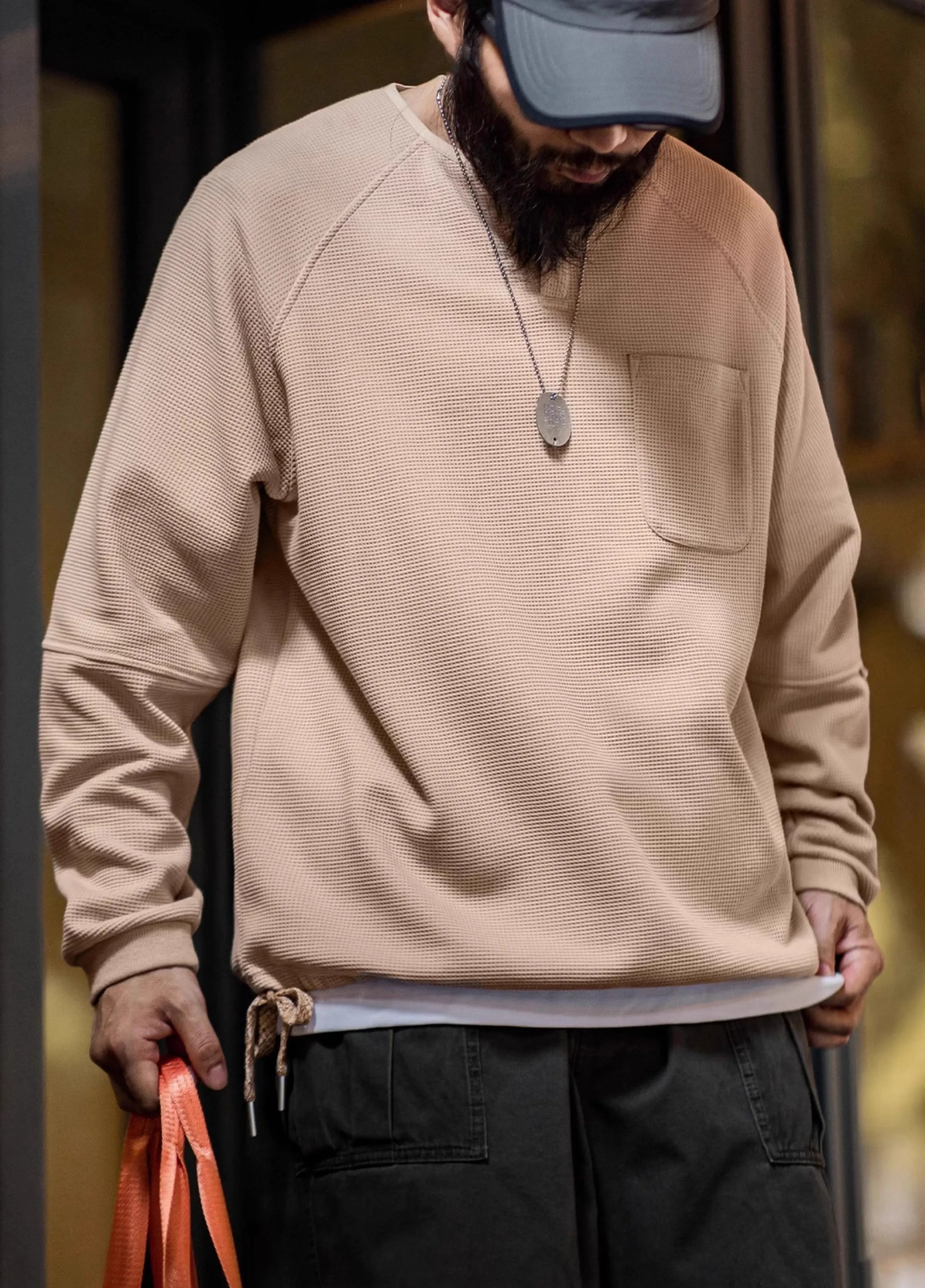American Retro Waffle Knitted Henry Loose Raglan Half-Open Men's Sweater