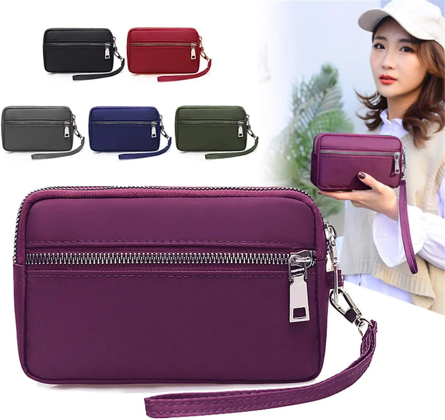 Andongnywel Waterproof Wristlet Clutch Triple Zip Long Wallet Small Nylon Purse for Women 3-Layer Zip Pockets Wallets