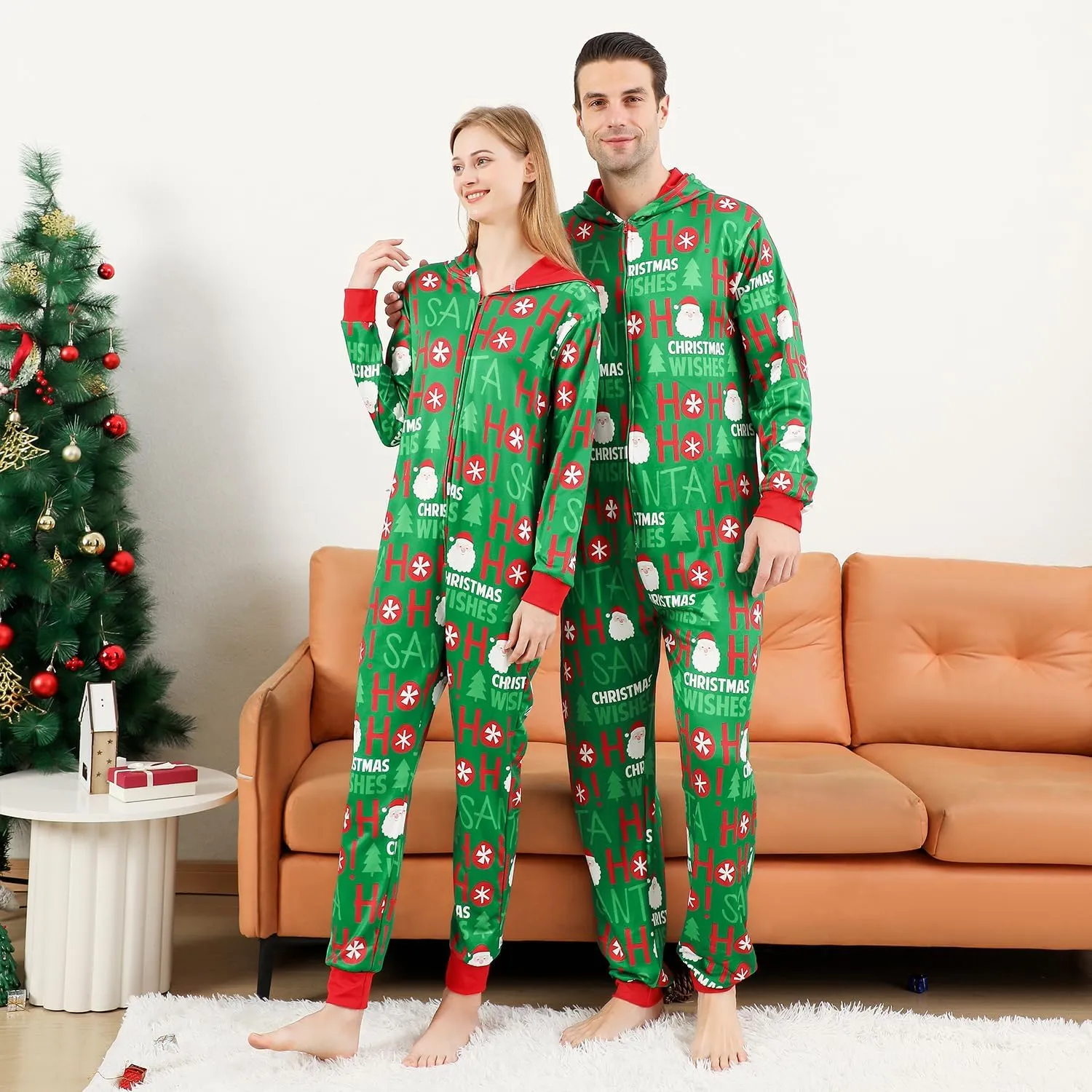 ANGELGGH Onesie Christmas Family Matching Pajamas Adult Couples Men PJs Hooded Women Novelty One-piece Sleepwear