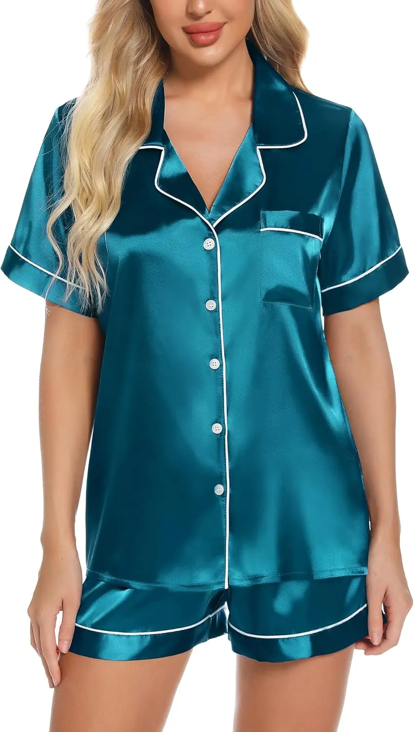 Anjue Silk Satin Pajamas Set Women's Short Sleeve Sleepwear Soft Pjs Shorts Set Two Piece Button Down Pj Set S-XXL