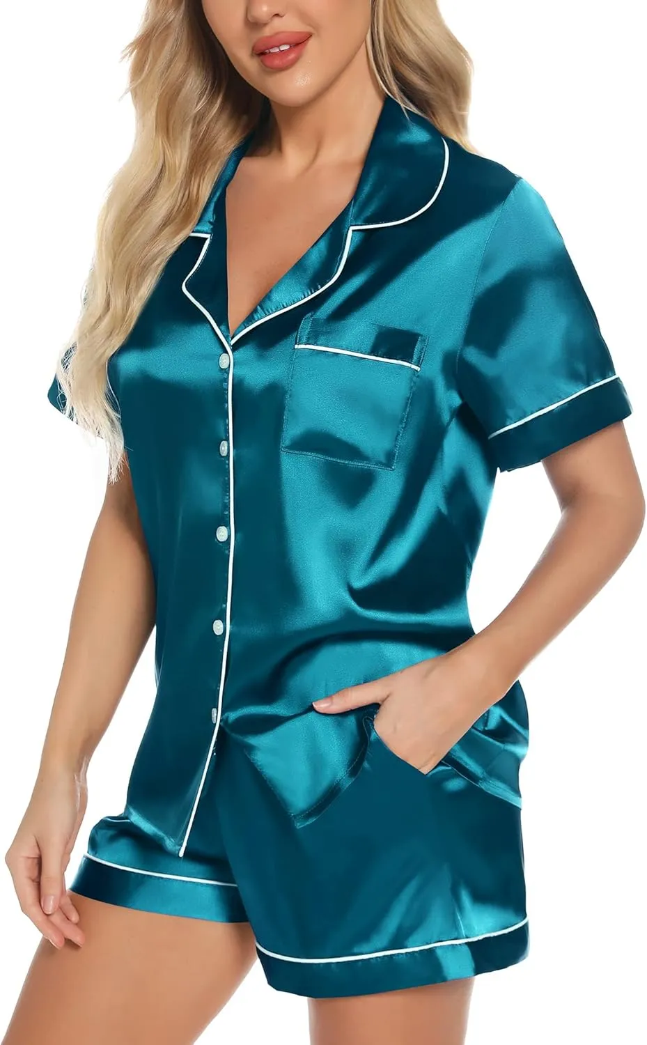 Anjue Silk Satin Pajamas Set Women's Short Sleeve Sleepwear Soft Pjs Shorts Set Two Piece Button Down Pj Set S-XXL