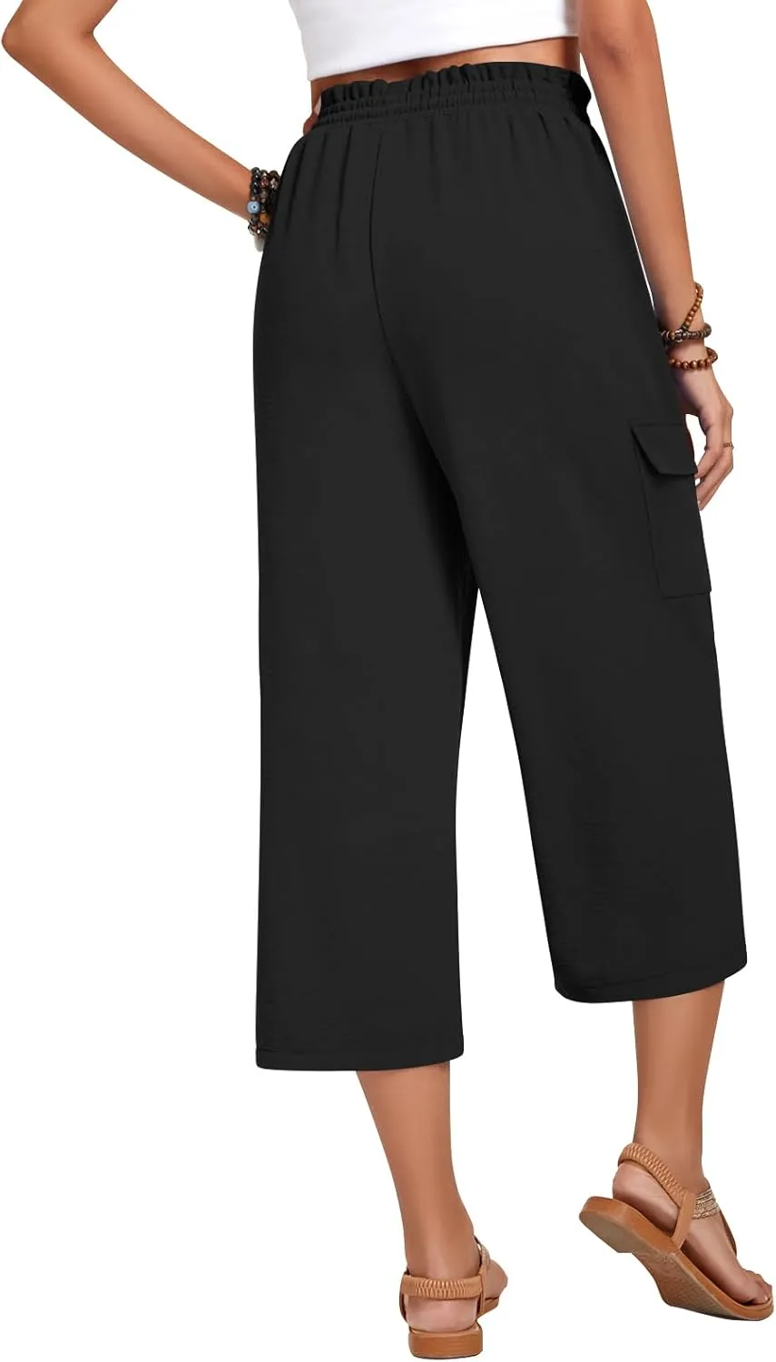 Anyhold Womens 3/4 Pants Loose Fit High Waisted Wide Leg Lounge Pants Drawstring Casual Trousers with 4 Pockets