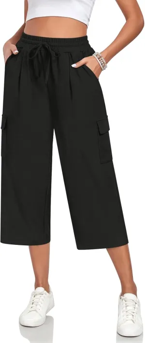 Anyhold Womens 3/4 Pants Loose Fit High Waisted Wide Leg Lounge Pants Drawstring Casual Trousers with 4 Pockets