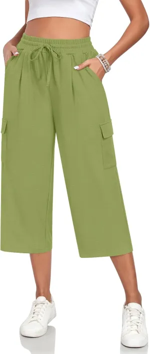 Anyhold Womens 3/4 Pants Loose Fit High Waisted Wide Leg Lounge Pants Drawstring Casual Trousers with 4 Pockets
