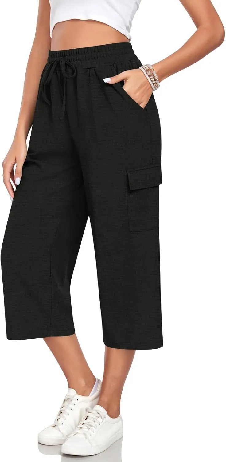 Anyhold Womens 3/4 Pants Loose Fit High Waisted Wide Leg Lounge Pants Drawstring Casual Trousers with 4 Pockets