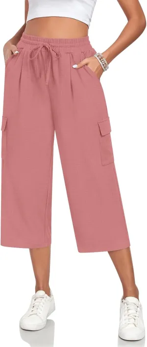 Anyhold Womens 3/4 Pants Loose Fit High Waisted Wide Leg Lounge Pants Drawstring Casual Trousers with 4 Pockets