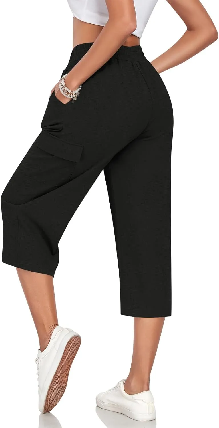 Anyhold Womens 3/4 Pants Loose Fit High Waisted Wide Leg Lounge Pants Drawstring Casual Trousers with 4 Pockets