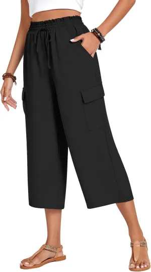 Anyhold Womens 3/4 Pants Loose Fit High Waisted Wide Leg Lounge Pants Drawstring Casual Trousers with 4 Pockets
