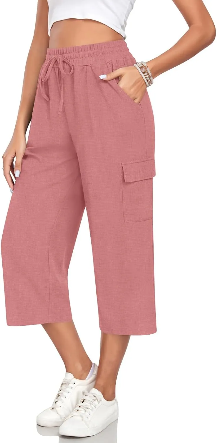 Anyhold Womens 3/4 Pants Loose Fit High Waisted Wide Leg Lounge Pants Drawstring Casual Trousers with 4 Pockets