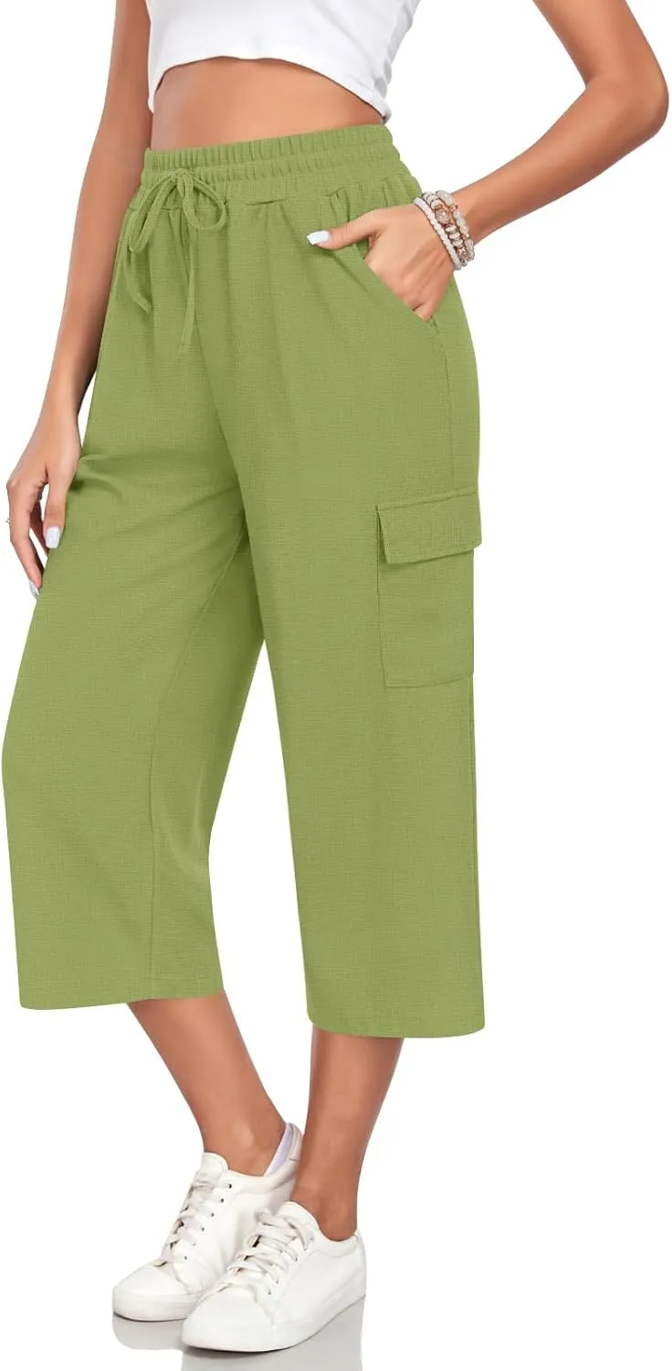 Anyhold Womens 3/4 Pants Loose Fit High Waisted Wide Leg Lounge Pants Drawstring Casual Trousers with 4 Pockets