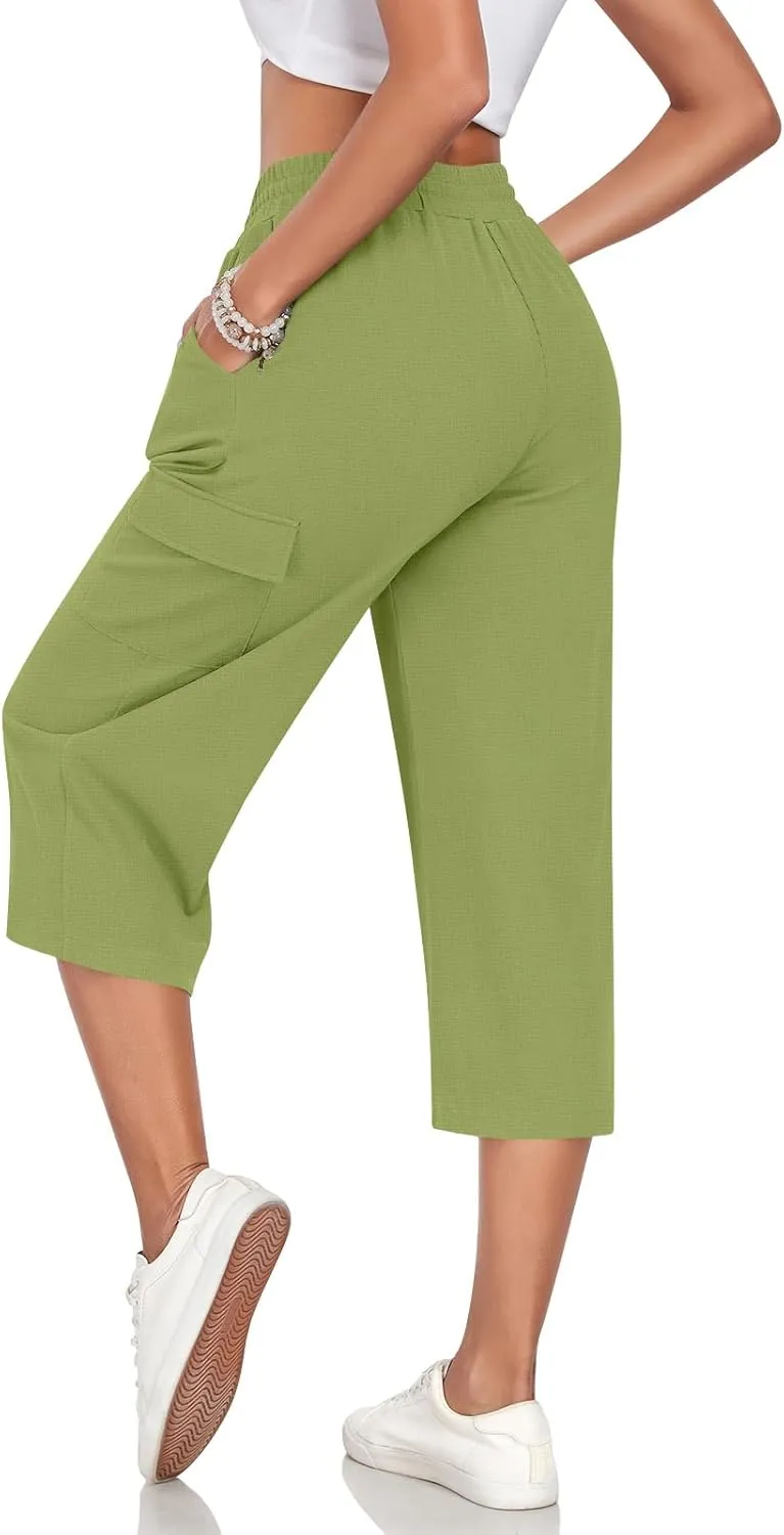 Anyhold Womens 3/4 Pants Loose Fit High Waisted Wide Leg Lounge Pants Drawstring Casual Trousers with 4 Pockets