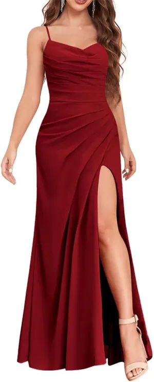 ANYSWBKN Spaghetti Straps Bridesmaid Dresses for Wedding Chiffon Formal Evening Party Prom Maxi Gown with Pockets A200
