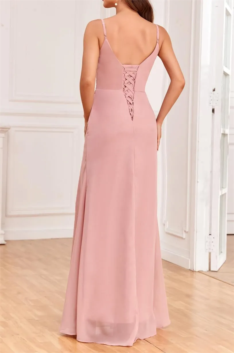 ANYSWBKN Spaghetti Straps Bridesmaid Dresses for Wedding Chiffon Formal Evening Party Prom Maxi Gown with Pockets A200
