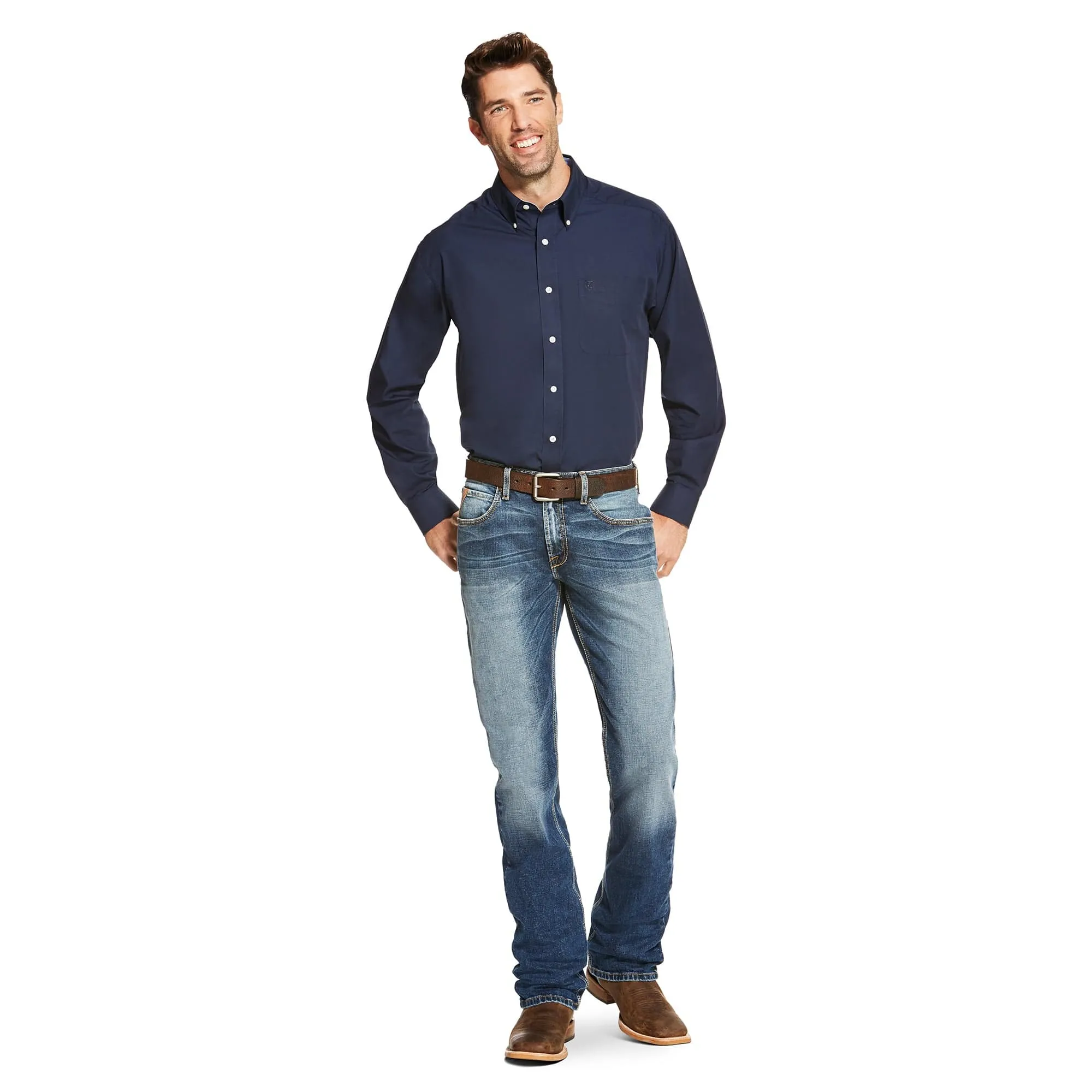 Ariat Men's Wrinkle Free Solid Navy Blue Long Sleeve Button Down Western Shirt 10020330