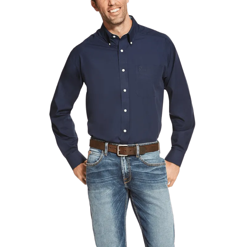 Ariat Men's Wrinkle Free Solid Navy Blue Long Sleeve Button Down Western Shirt 10020330
