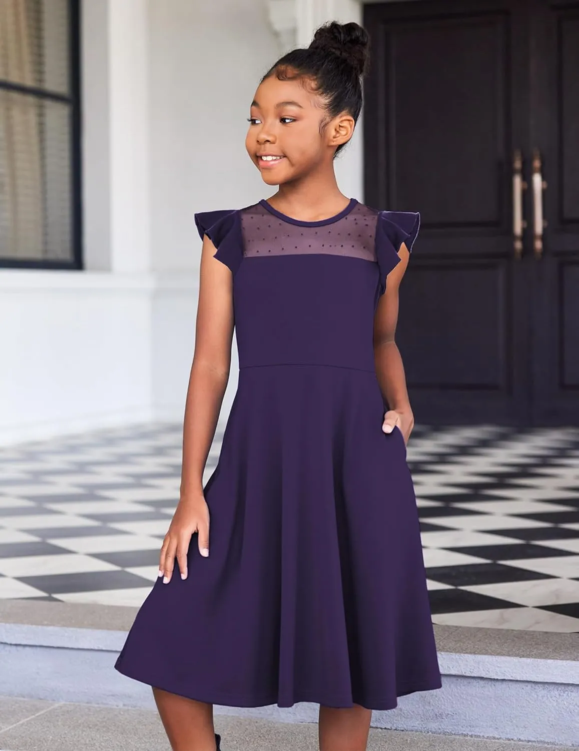 Arshiner Girls Dress Summer Ruffle Sleeve Mesh A Line Casual Party Dresses with Pockets 6-13 Years