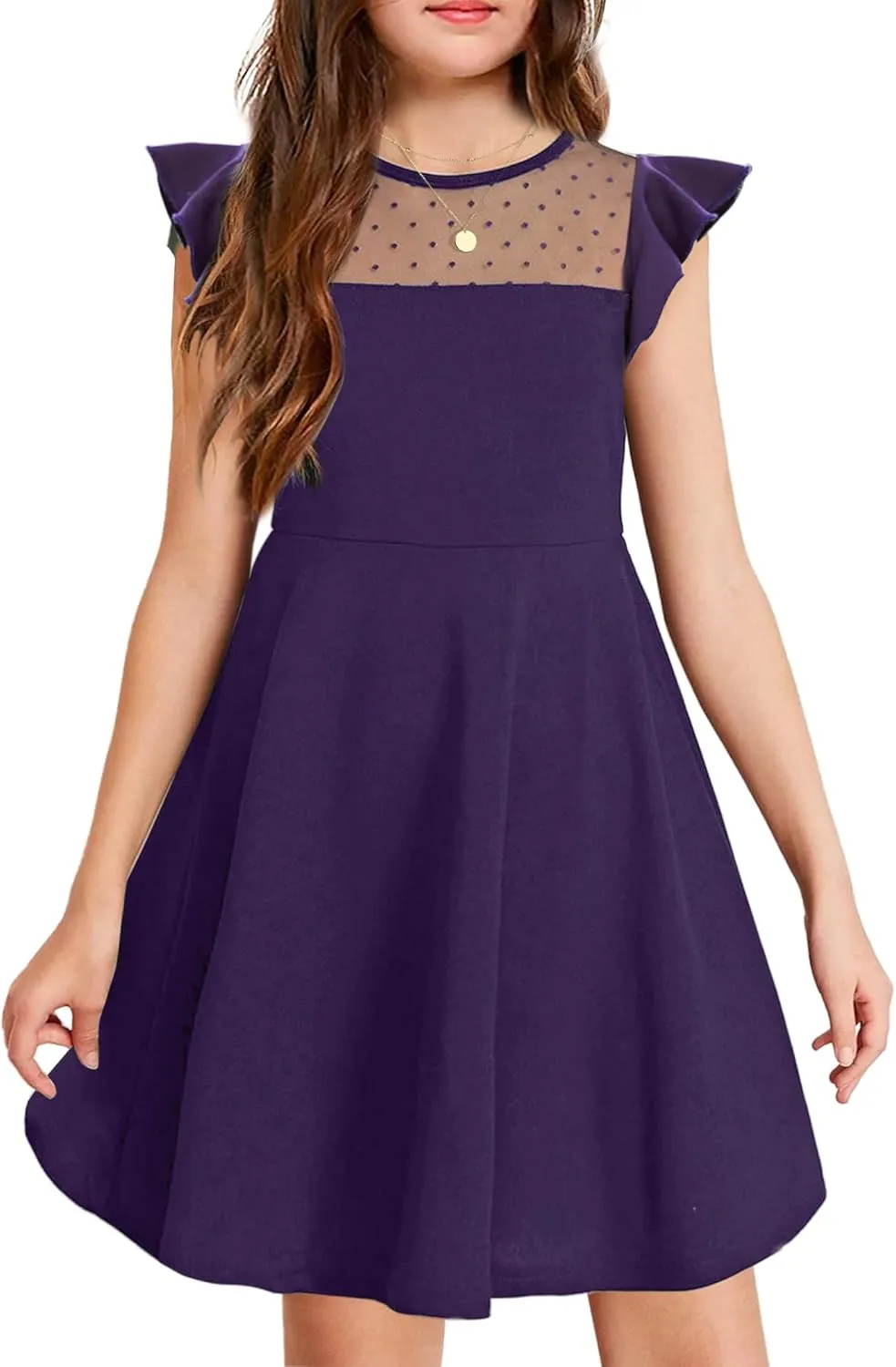 Arshiner Girls Dress Summer Ruffle Sleeve Mesh A Line Casual Party Dresses with Pockets 6-13 Years