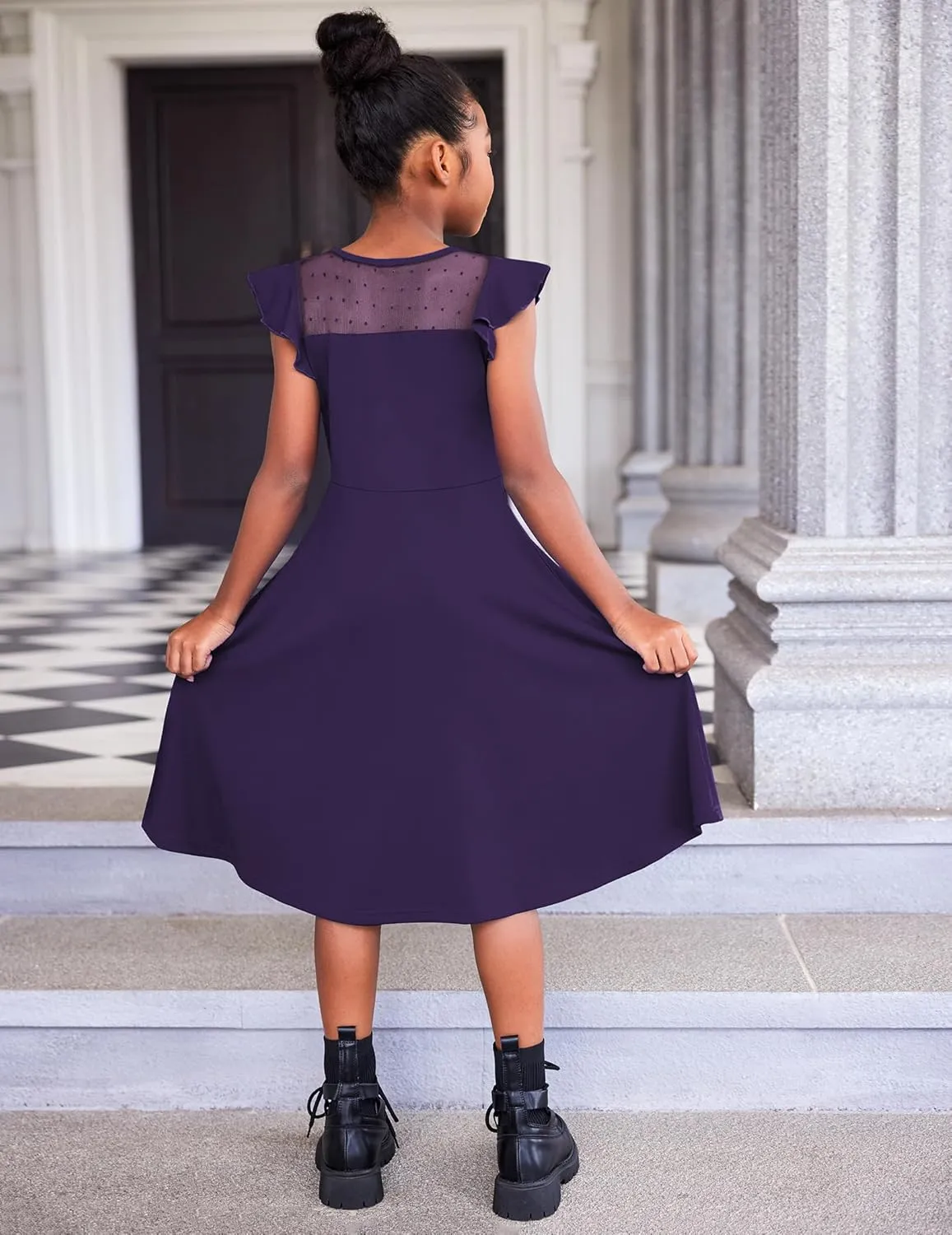 Arshiner Girls Dress Summer Ruffle Sleeve Mesh A Line Casual Party Dresses with Pockets 6-13 Years