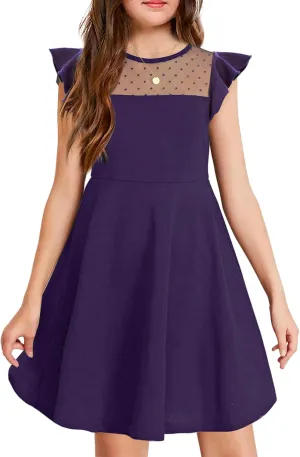 Arshiner Girls Dress Summer Ruffle Sleeve Mesh A Line Casual Party Dresses with Pockets 6-13 Years