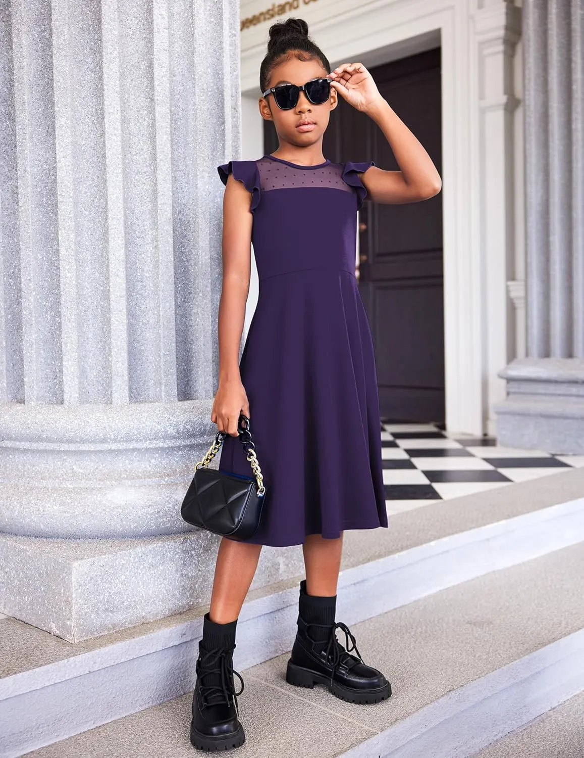 Arshiner Girls Dress Summer Ruffle Sleeve Mesh A Line Casual Party Dresses with Pockets 6-13 Years