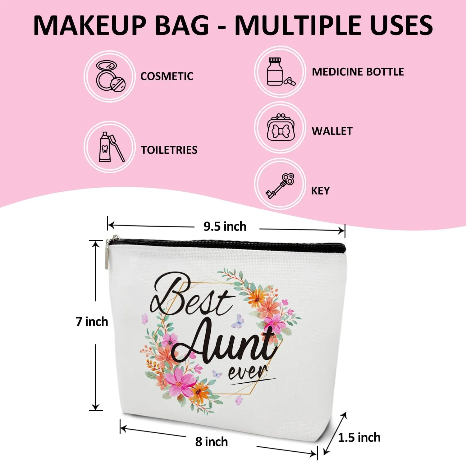 Aunt Gift for Women Makeup Bag, Mother's Day Retirement Gift for Her, Aunt, Sister, Besties, Thank you Gift for Aunties from Niece Nephew, Best Aunt Ever - Floral Makeup Bag Travel Toiletry Pouch -09