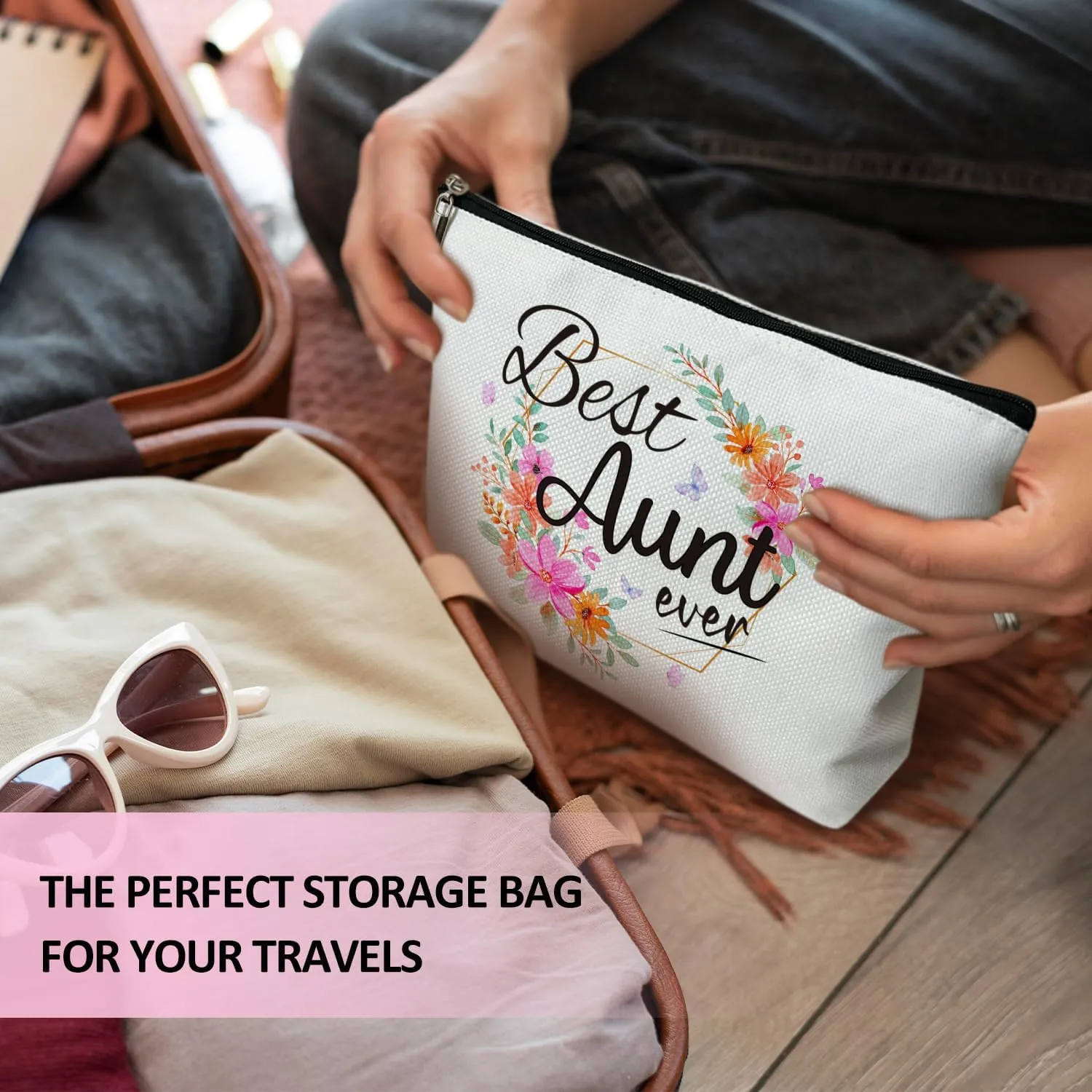 Aunt Gift for Women Makeup Bag, Mother's Day Retirement Gift for Her, Aunt, Sister, Besties, Thank you Gift for Aunties from Niece Nephew, Best Aunt Ever - Floral Makeup Bag Travel Toiletry Pouch -09