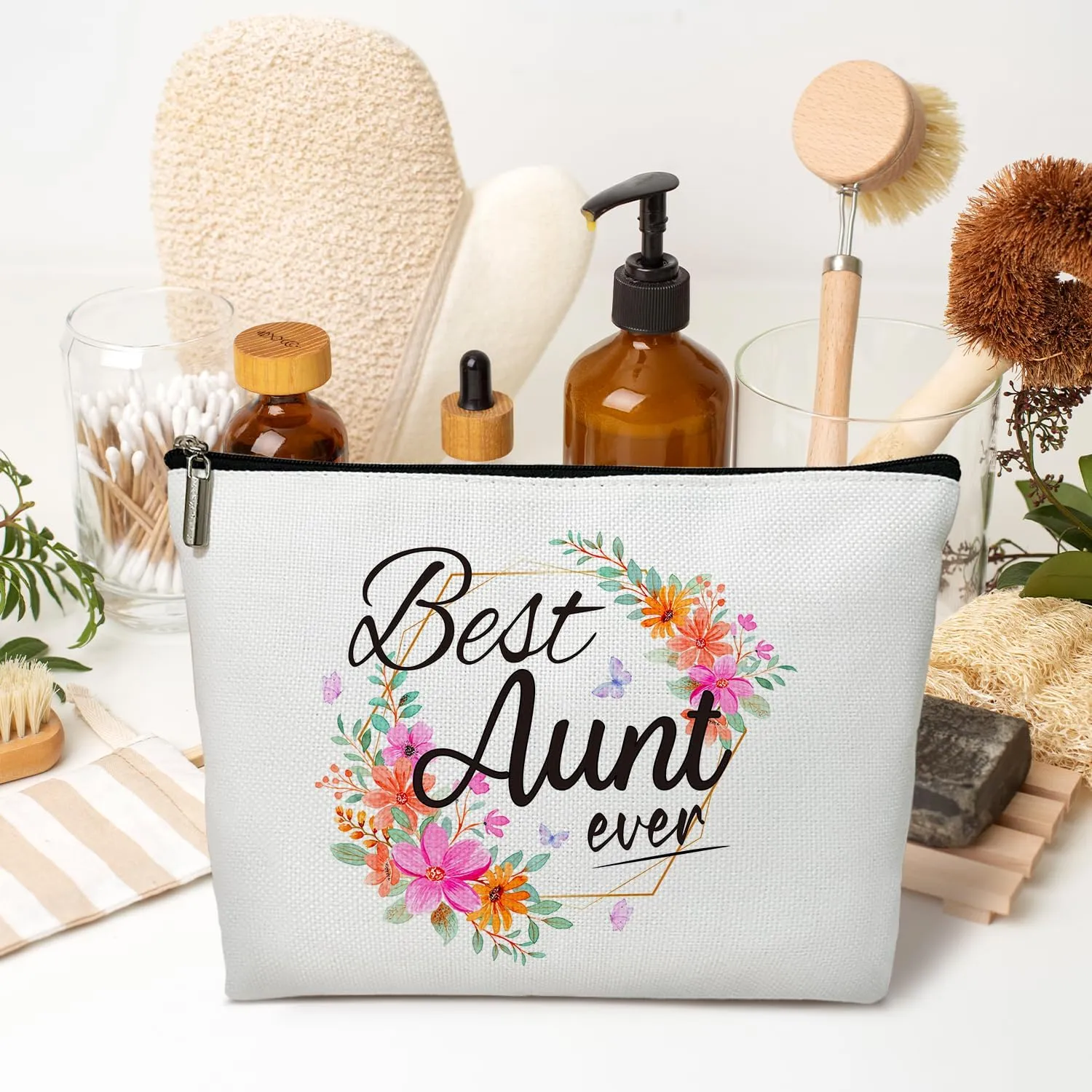 Aunt Gift for Women Makeup Bag, Mother's Day Retirement Gift for Her, Aunt, Sister, Besties, Thank you Gift for Aunties from Niece Nephew, Best Aunt Ever - Floral Makeup Bag Travel Toiletry Pouch -09