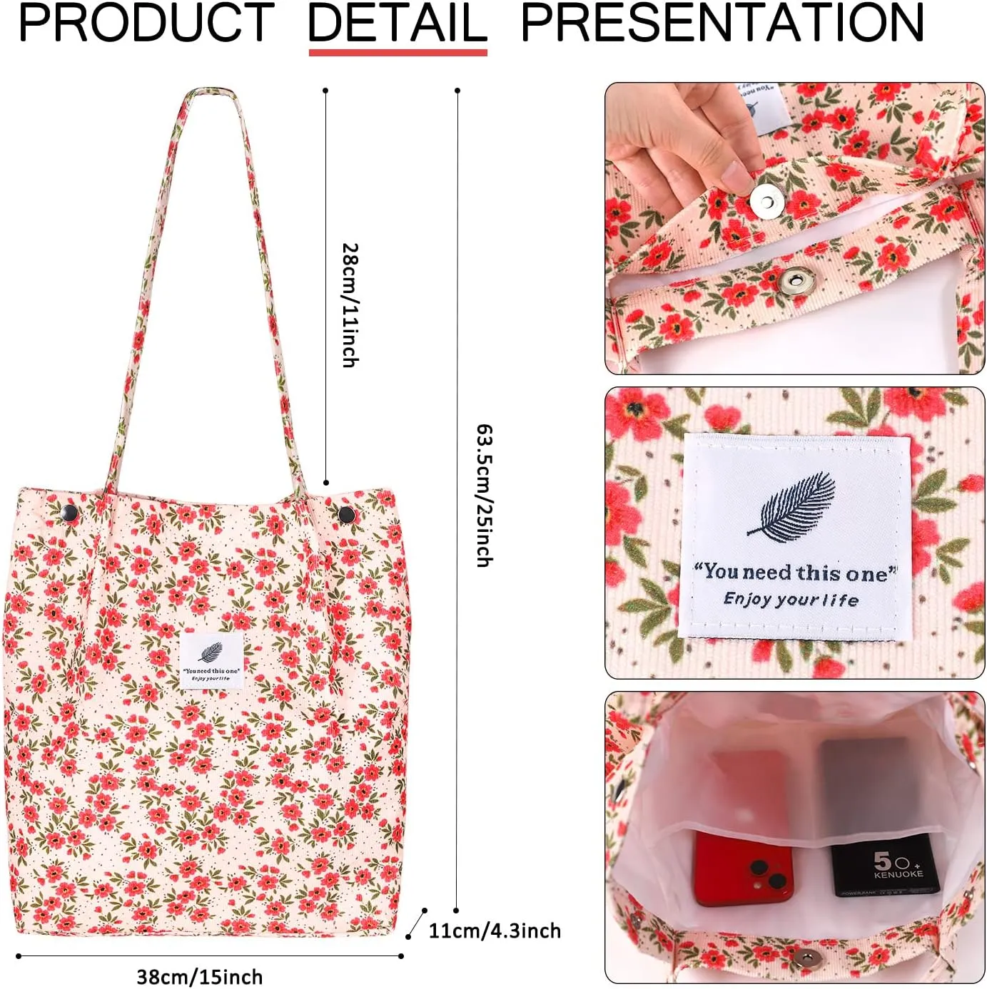 Ayieyill Corduroy Tote Bag for Women Canvas Shoulder Cord Purse with Inner Pocket