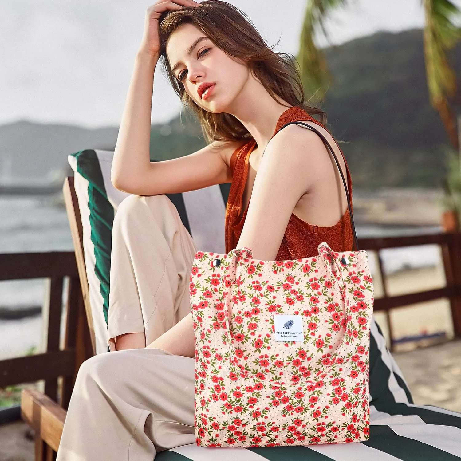 Ayieyill Corduroy Tote Bag for Women Canvas Shoulder Cord Purse with Inner Pocket