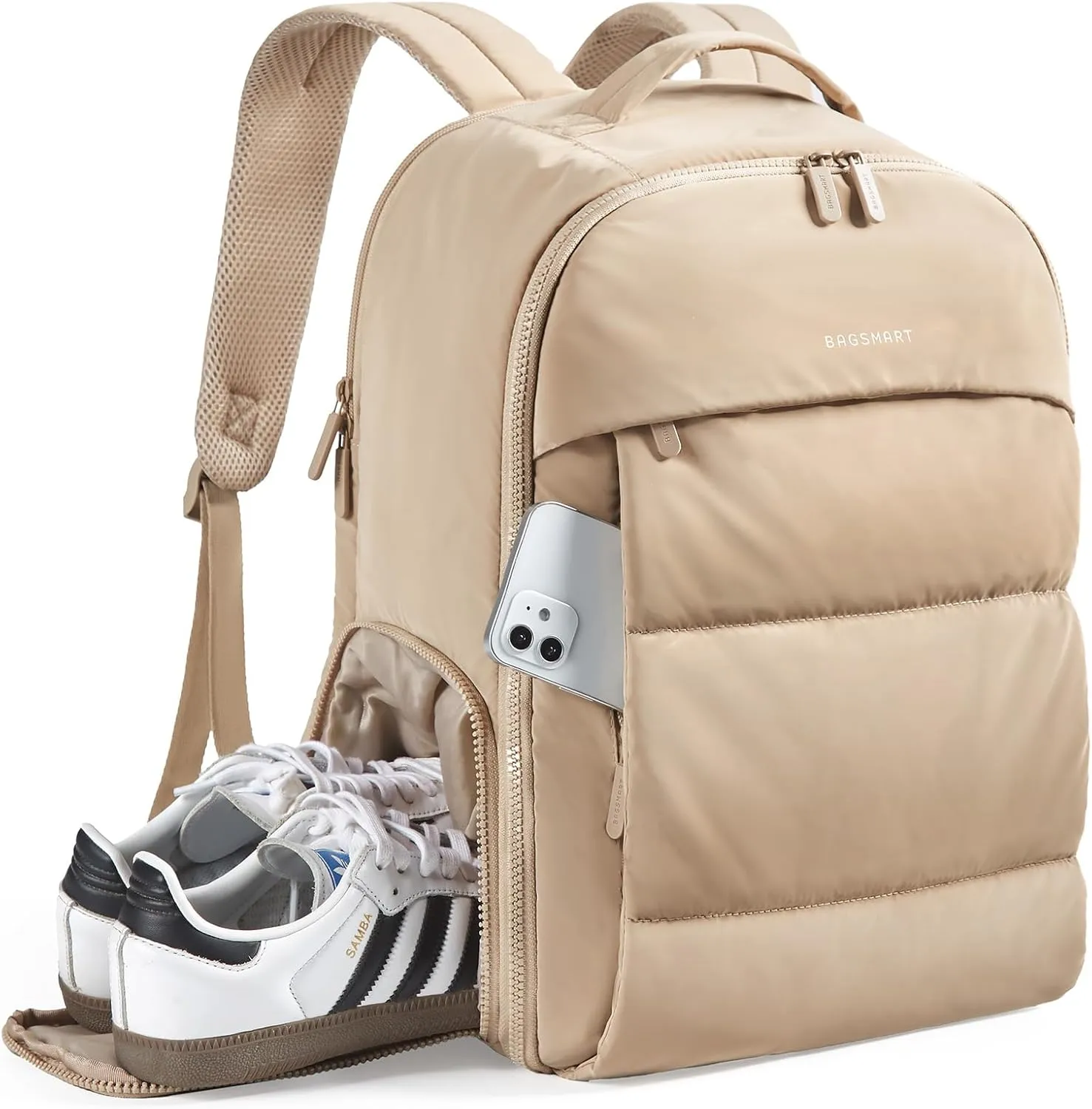 BAGSMART 30L Carry On Backpack with Shoe Compartment, Airline Approved Travel Backpack, Lightweight Travel Bag Fits 15.6 Inch Laptop, Water-Resistant, Camel