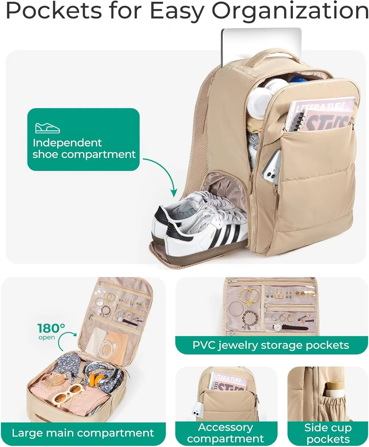 BAGSMART 30L Carry On Backpack with Shoe Compartment, Airline Approved Travel Backpack, Lightweight Travel Bag Fits 15.6 Inch Laptop, Water-Resistant, Camel