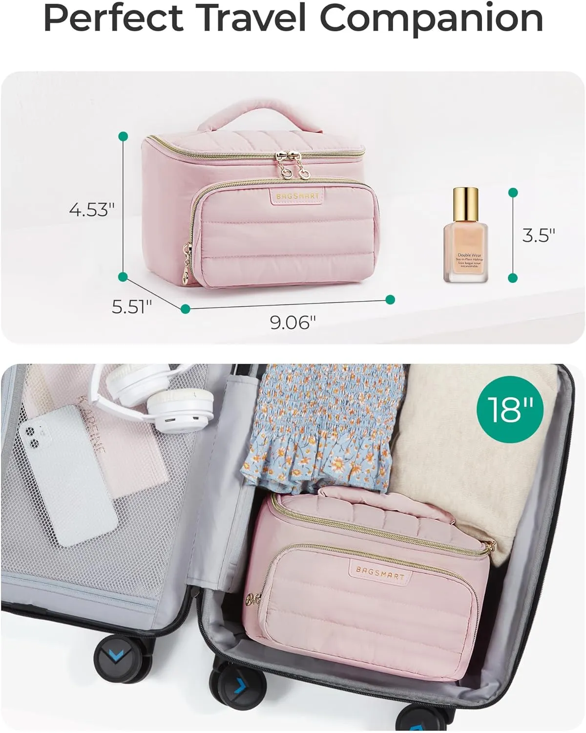 BAGSMART Travel Makeup Bag with Jewelry Organizer, Portable Make Up Bag, Puffy Wide-Opening Cosmetic Storage Pouch for Womens Toiletries and Travel Essentials (Light Beige)