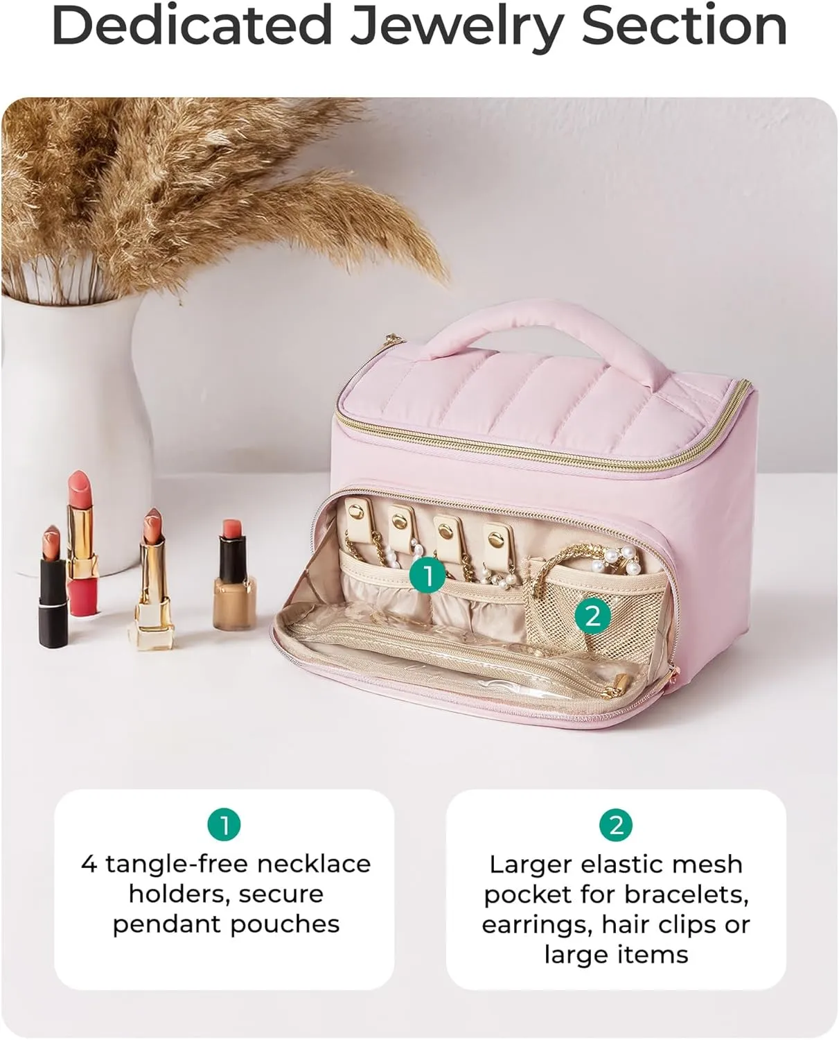 BAGSMART Travel Makeup Bag with Jewelry Organizer, Portable Make Up Bag, Puffy Wide-Opening Cosmetic Storage Pouch for Womens Toiletries and Travel Essentials (Light Beige)